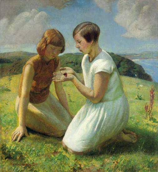 Harold Herbert Two young girls with a butterfly oil painting picture